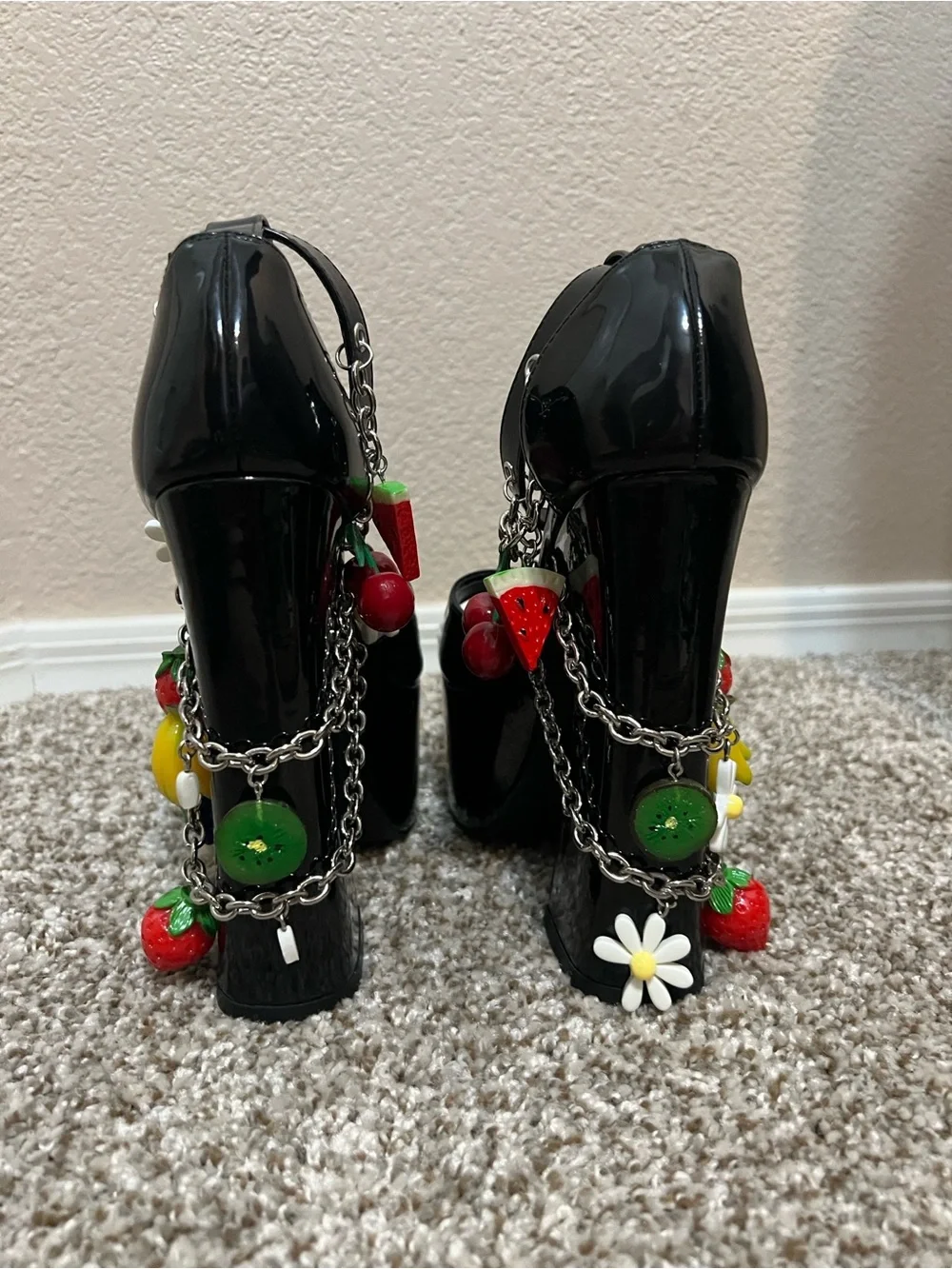 Fruit Charm Chain Grommet Patent Leather Sugar Thrillz Platform Heels